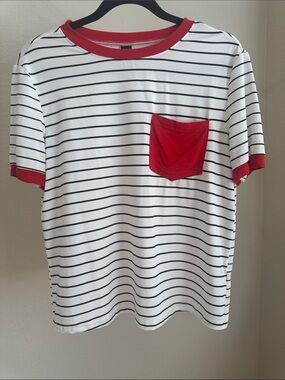 SHEIN White Black Striped Short Sleeve Tee with Red Trim & Pocket